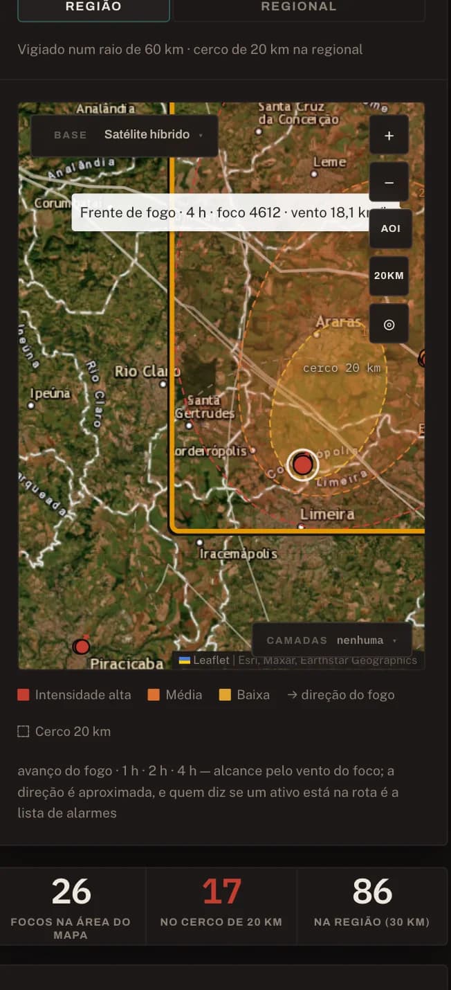 Risk360 no celular: mapa da frente de fogo com o cerco de 20 km, a direção do vento e a contagem de focos na região