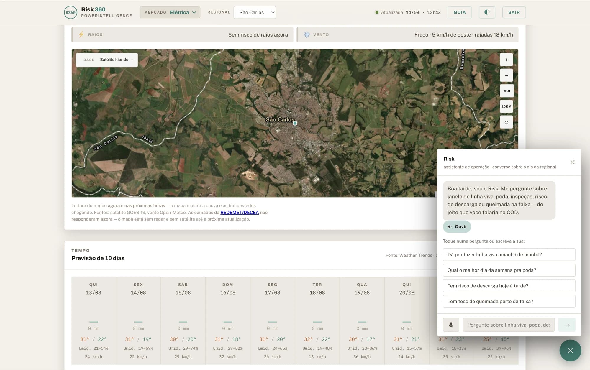 Agente de IA do Risk360 respondendo sobre a janela de linha viva, ao lado do mapa da regional